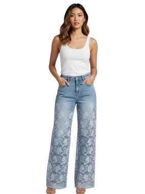 Women's Blue Lace Luvly Wide-Leg Lace Floral Jeans Size Medium Waist 32